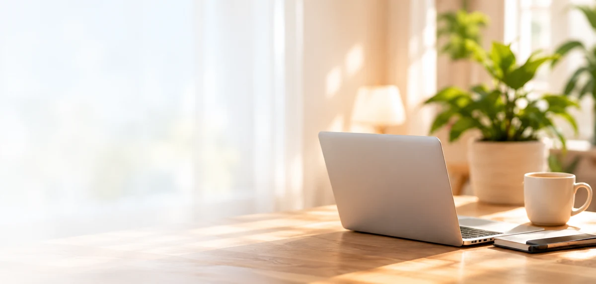 Laptop and mug on a wooden desk beside a softly lit window and houseplant.