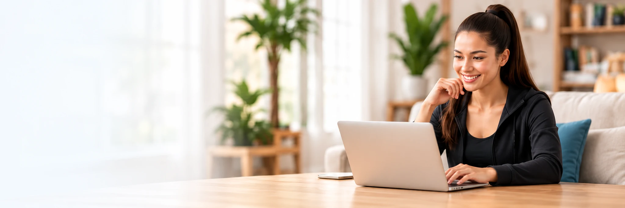 Illustrative scene of a woman using a laptop at a wooden table in a bright home.