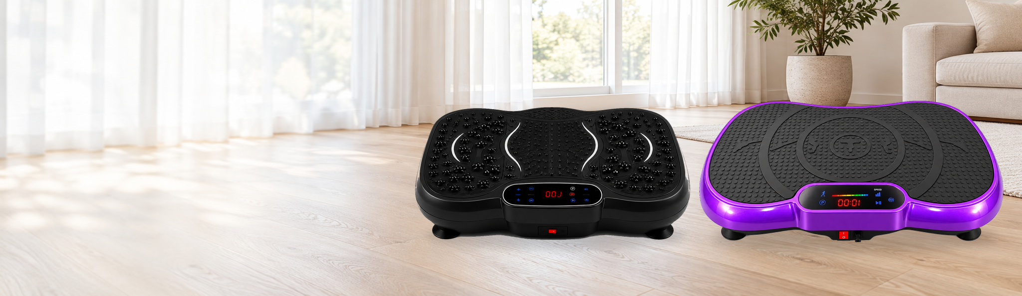 Original black VMP-001 and purple VMP-002 vibration plates in an illustrative airy living room.