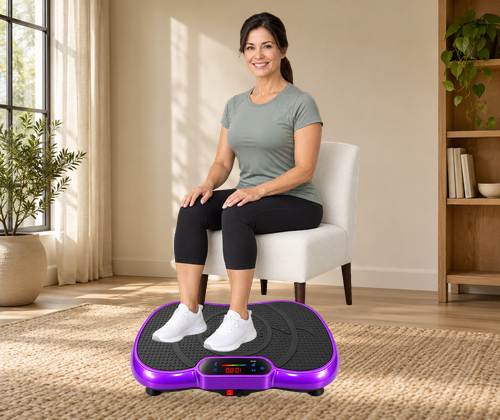 Illustrative adult seated with feet resting on the original purple VMP-002 vibration plate in a unique home scene.