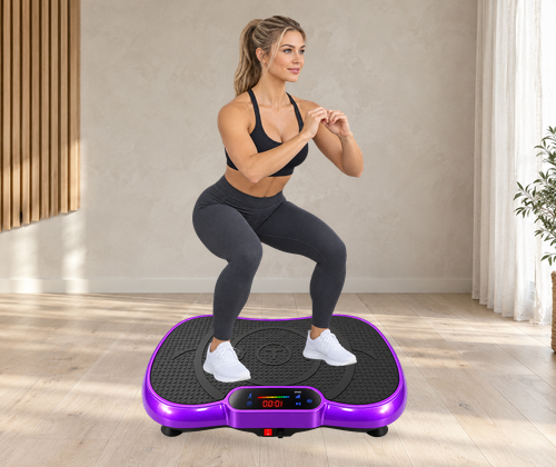 Illustrative adult demonstrating a gentle squat on the original purple VMP-002 vibration plate in a unique home scene.