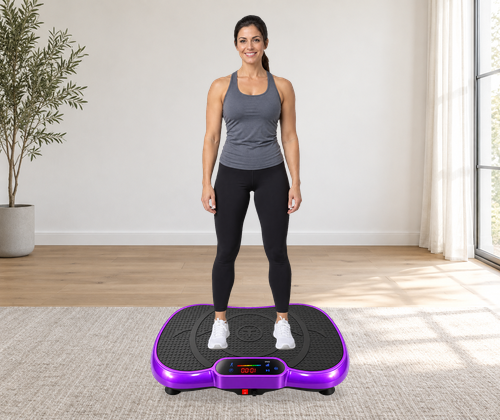 Illustrative adult standing on the original purple VMP-002 vibration plate in a unique home scene.