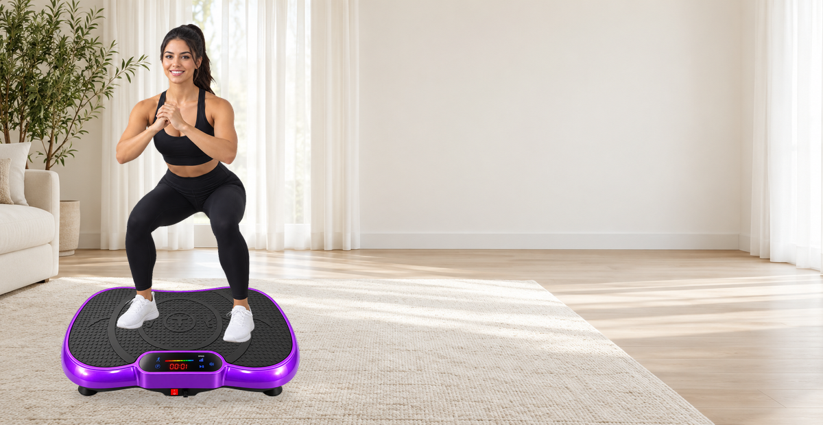 Illustrative adult demonstrating a gentle squat on the original purple VMP-002 vibration plate in a unique home scene.