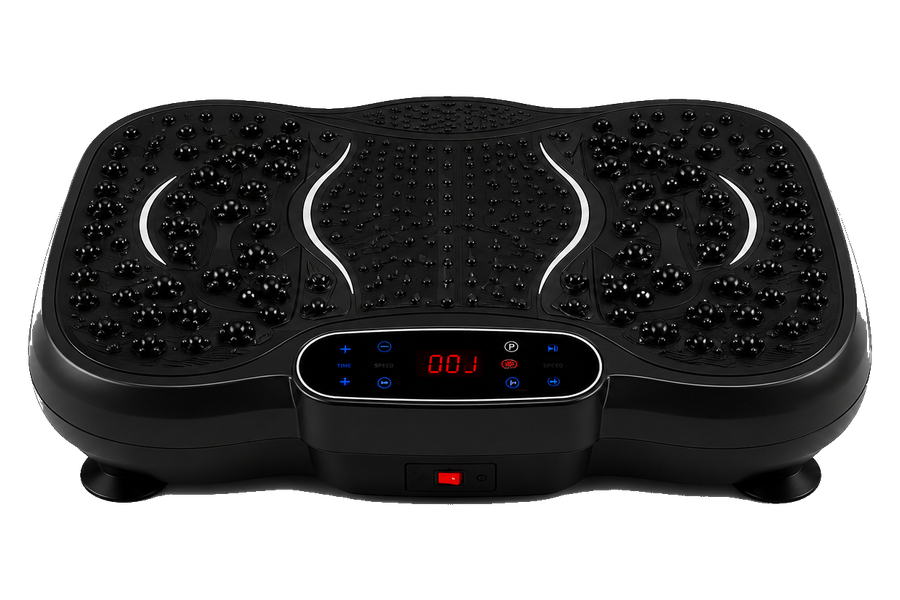 Original black VMP-001 vibration plate with transparent background, full body and controls visible.