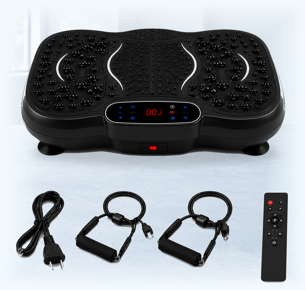 Original black VMP-001 with the confirmed black remote, two resistance bands, and power cord on its own shop product stage.