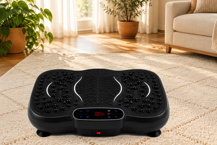 Original black VMP-001 vibration plate shown in an illustrative warm living room.