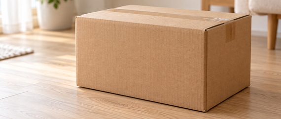 Illustrative plain closed cardboard carton on a light wooden surface.