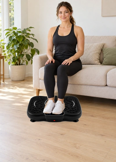 Illustrative seated adult with feet on the original VMP-001.