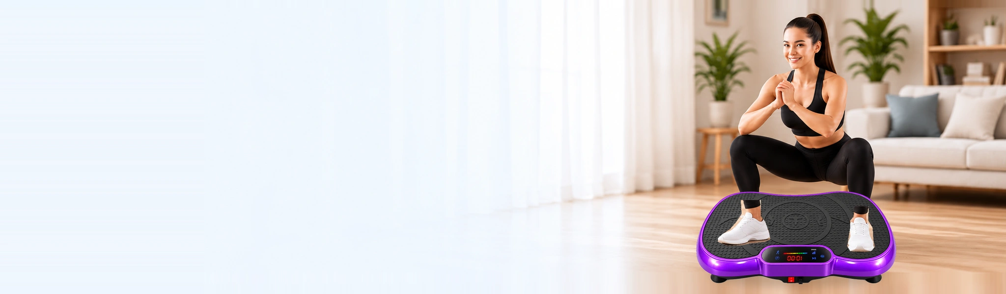 Illustrative adult squat-position scene with the original purple VMP-002 plate in a bright room.