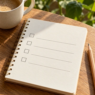Blank buying checklist and notebook on a desk.