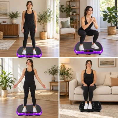 Four distinct illustrative standing, squat, setup and seated positions.