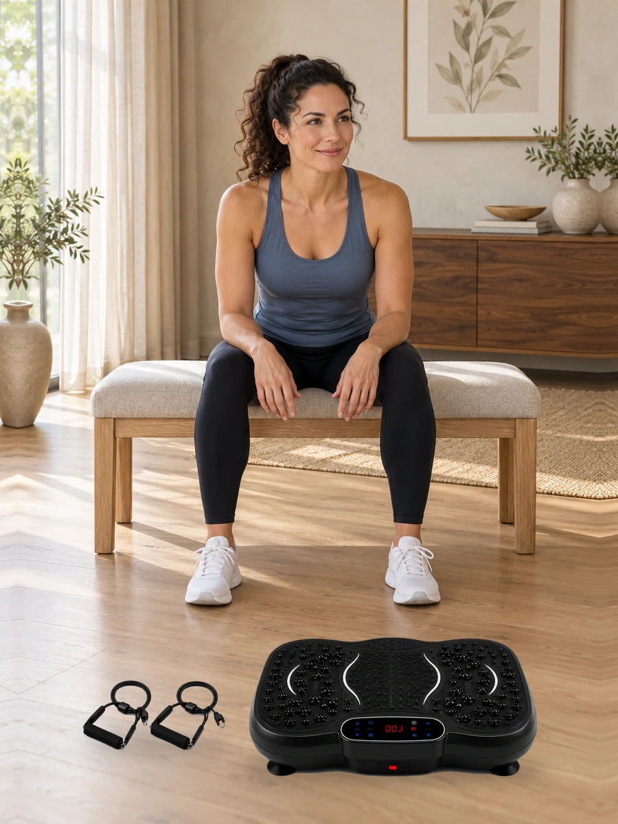 Preparing for a resistance-band session beside the actual VMP-001 plate and supplied coiled bands; no connection shown