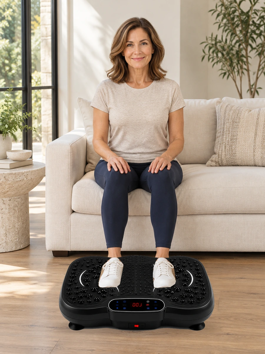 Adult seated upright with feet supported on the actual VMP-001 vibration plate