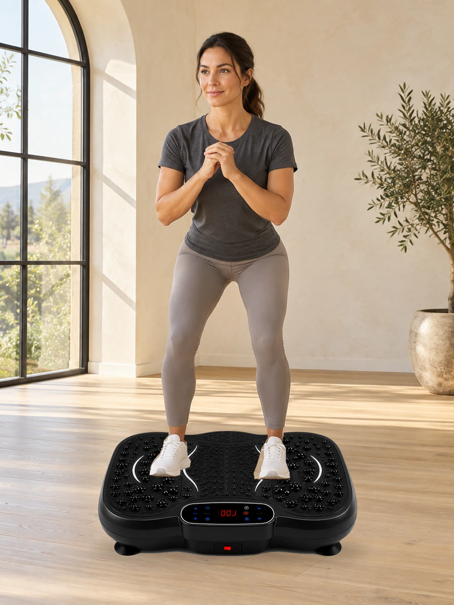 Adult demonstrating a gentle shallow squat on the actual VMP-001 vibration plate