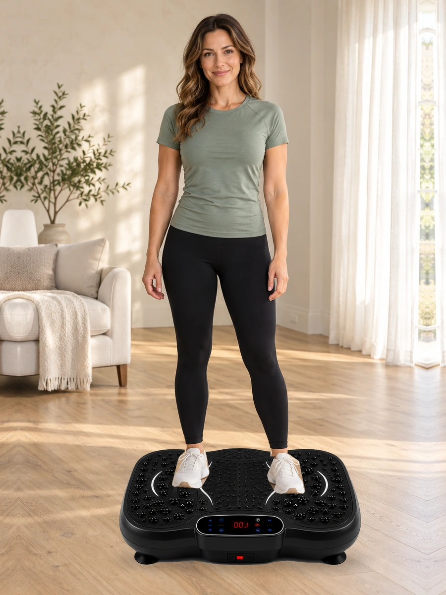 Adult standing with soft knees on the actual VMP-001 vibration plate in a bright home