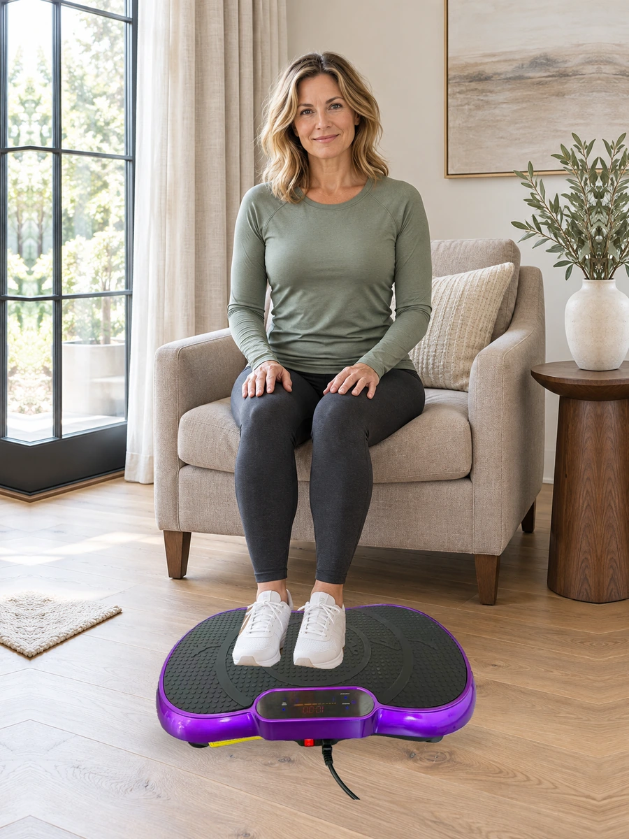 Adult seated upright with feet supported on the actual VMP-002 vibration plate