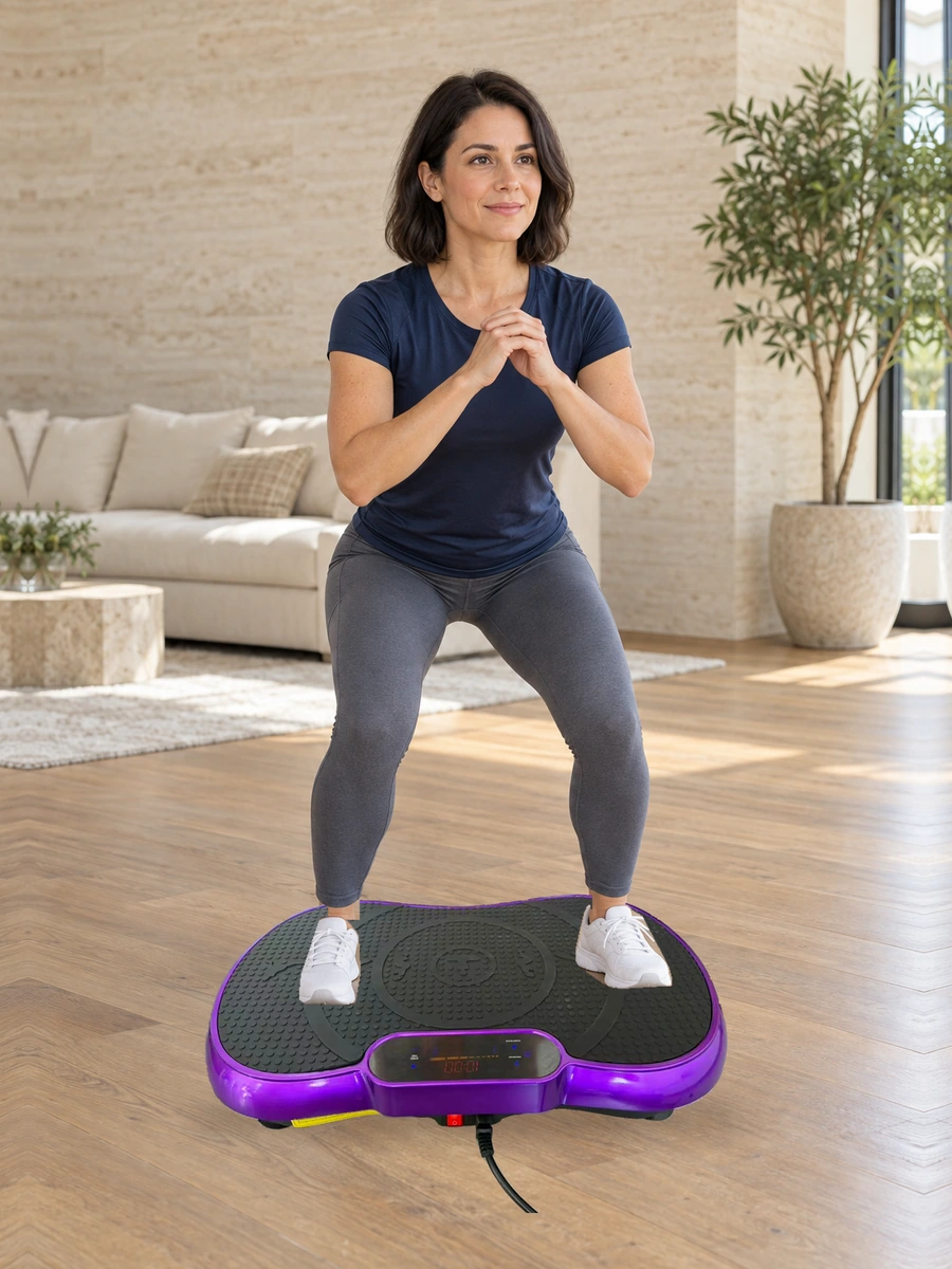 Adult demonstrating a gentle shallow squat on the actual VMP-002 vibration plate
