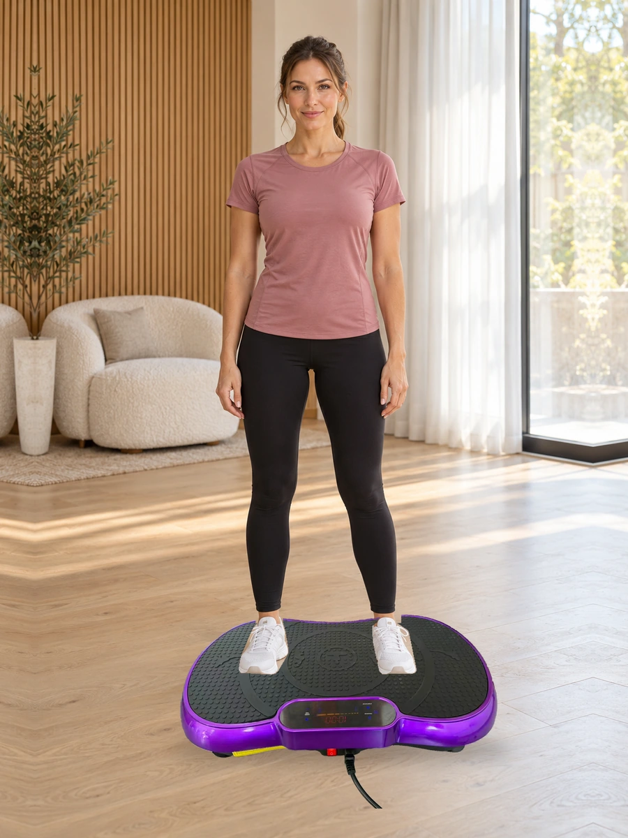 Adult standing with soft knees on the actual VMP-002 vibration plate in a bright home
