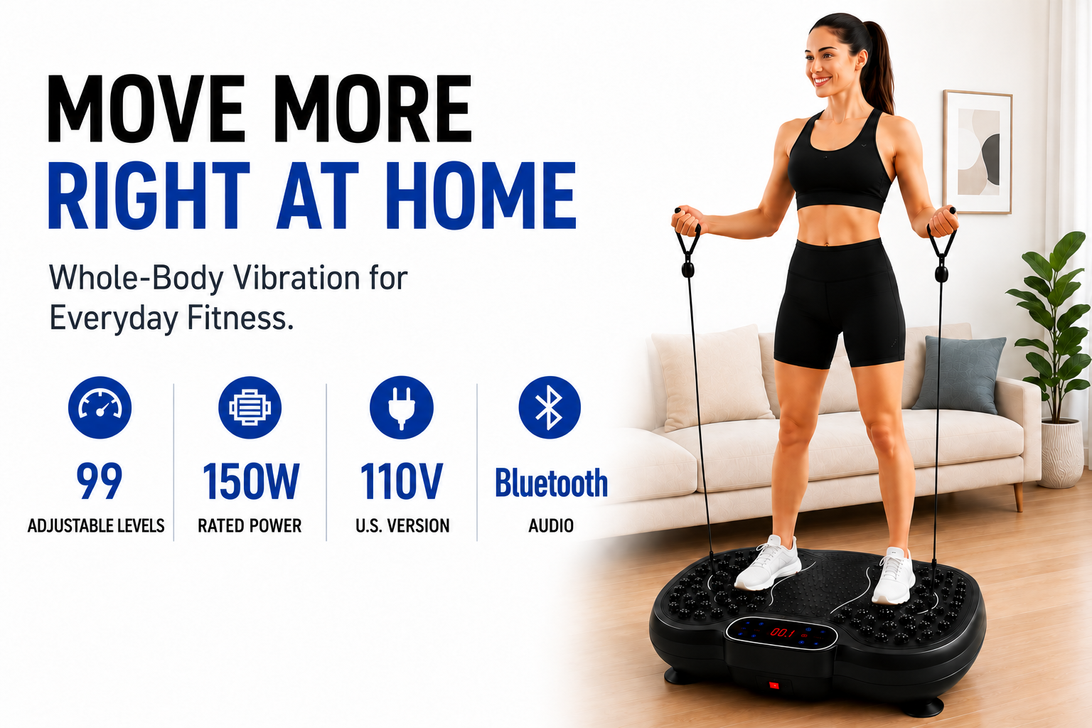 VMP-001 lifestyle illustration with 150W rated power, 99 adjustable levels, 110V and Bluetooth audio