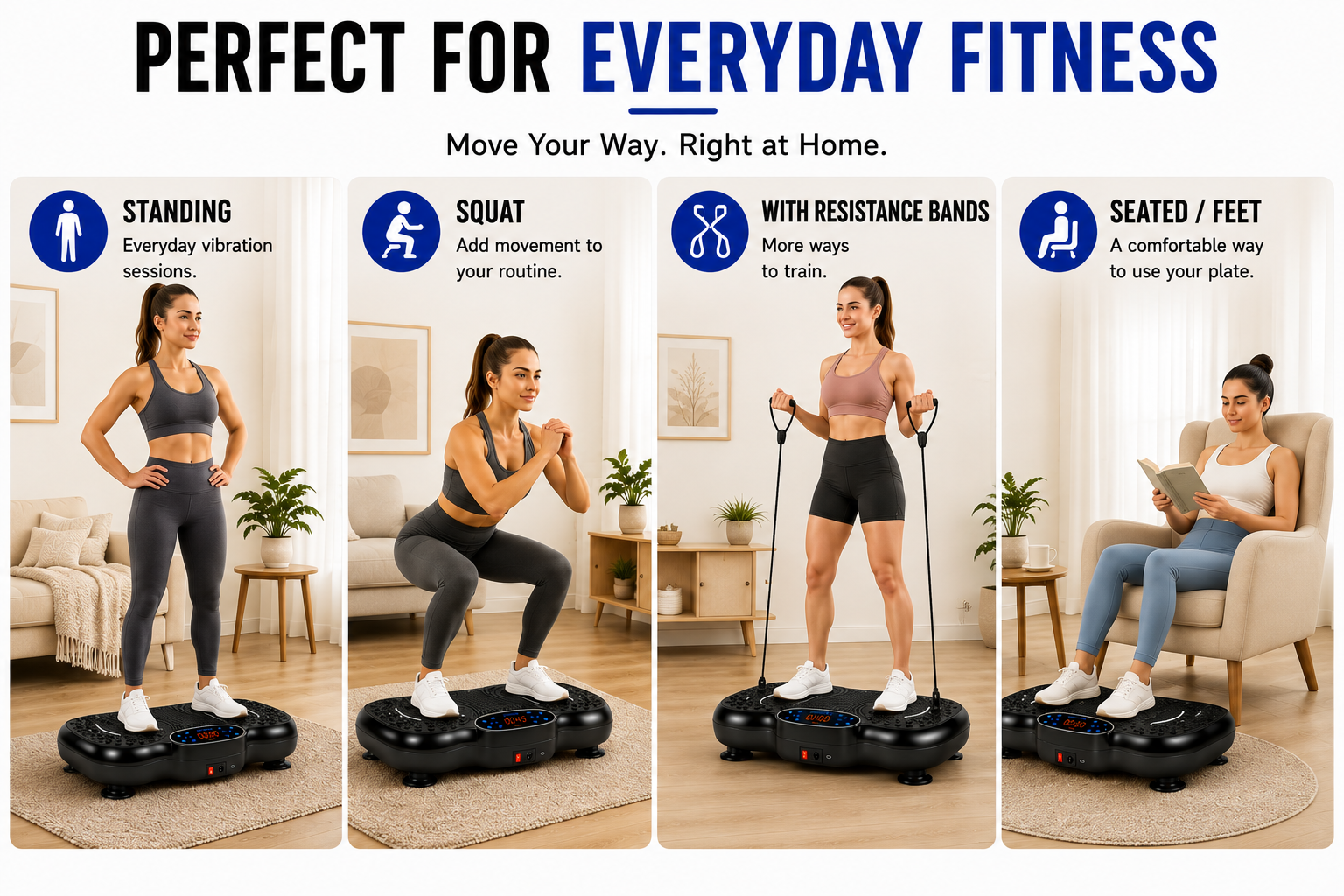 VMP-001 lifestyle collage showing standing, squat, resistance-band and seated positions