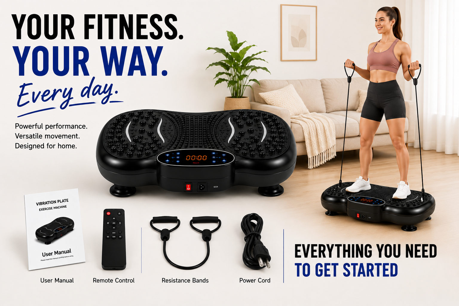 VMP-001 kit and lifestyle image showing a black remote, resistance bands, power cord and manual