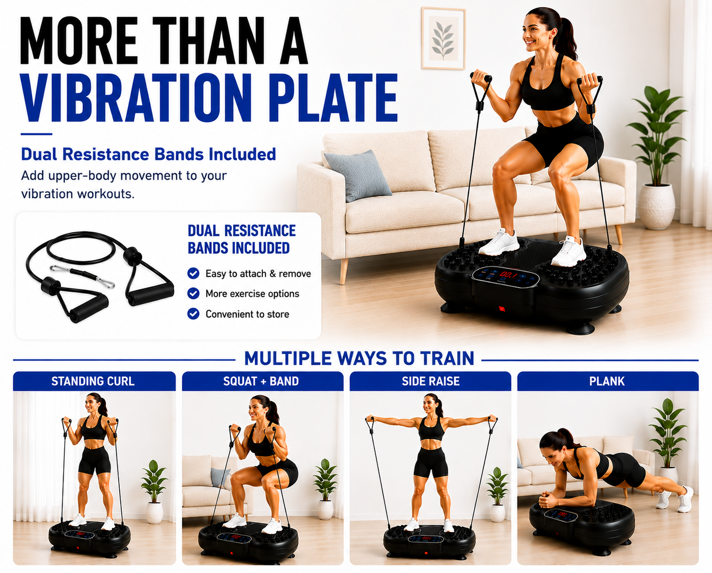 VMP-001 resistance-band and exercise illustration collage