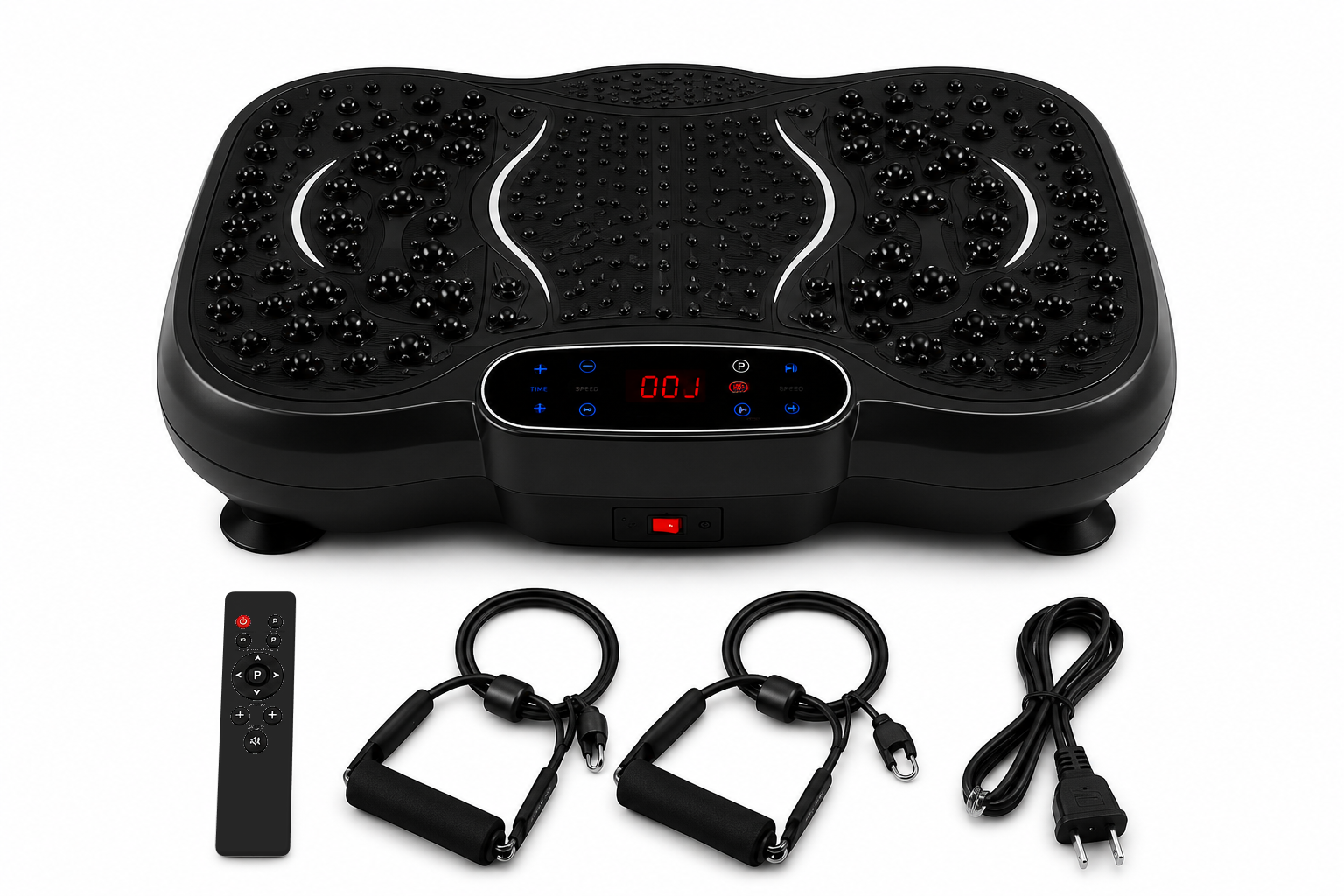 VMP-001 black vibration plate with black remote, two resistance bands and power cord